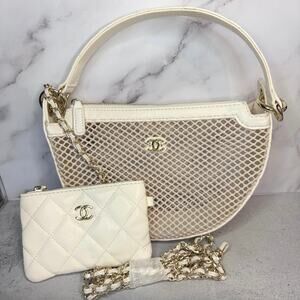 Chanel Cream/Ivory Mesh Shoulder Bag + Quilted Pouch with Box - GWP